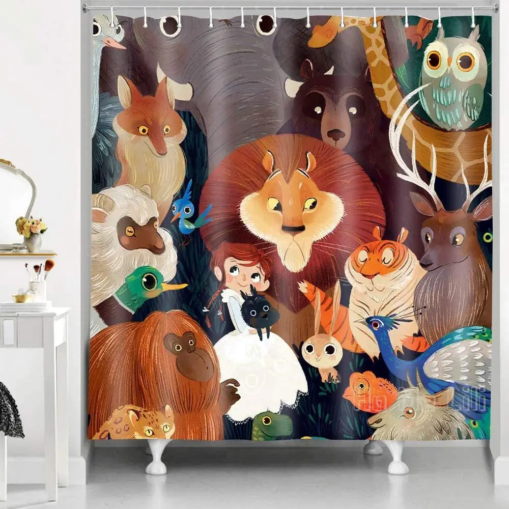 

Wild Animals Children Farmhouse Cartoon Forest Colorful and Fun Shower Curtain Set With12 Hooks