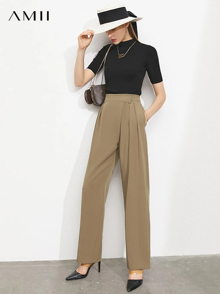 

Брюки Amii минималистские женские с завышенной талией, элегантные Асимметричные свободные штаны в стиле ретро, прямые, осень 12140521