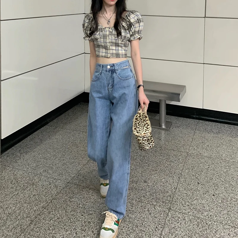 Женские джинсы с завышенной талией и широкими штанинами тонкие женские