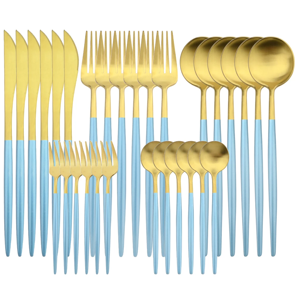 

30Pcs Matte Cutlery Set Blue Gold 304 Stainless Steel Dinnerware Set Knife Cake Fork Spoon Tableware Kitchen Silverware Flatware