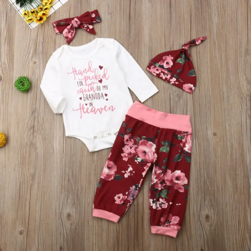 2019 Baby Spring Autumn Clothing Newborn Infant Girl Floral Outfits Clothes Long Sleeve Romper+Pants+Headband+Hat 4Pcs Set | Мать и