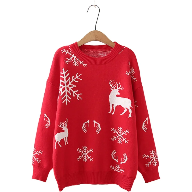 Winter Sweet Style Loose Reindeer Embroidery Knit Sweater Women Christmas O-Neck Long Sleeve Pullover Thick Sweaters 2011659