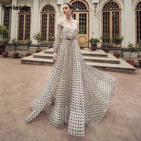 sevintage lace appliques high neck prom dresses long sleeves a line evening dress button dotted tulle party gown