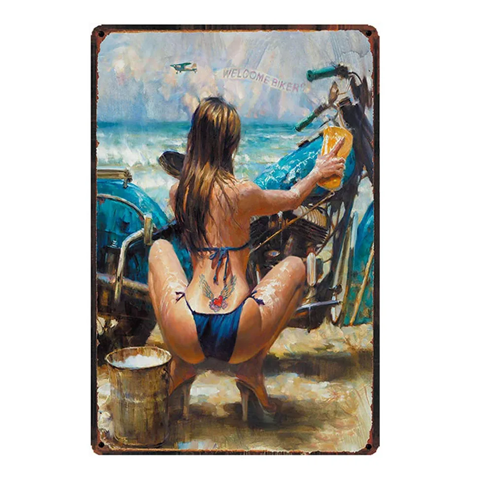 

Бикини девушка моющиеся мотоциклы оловянные металлические знаки настенное искусство настенное украшение для гаража