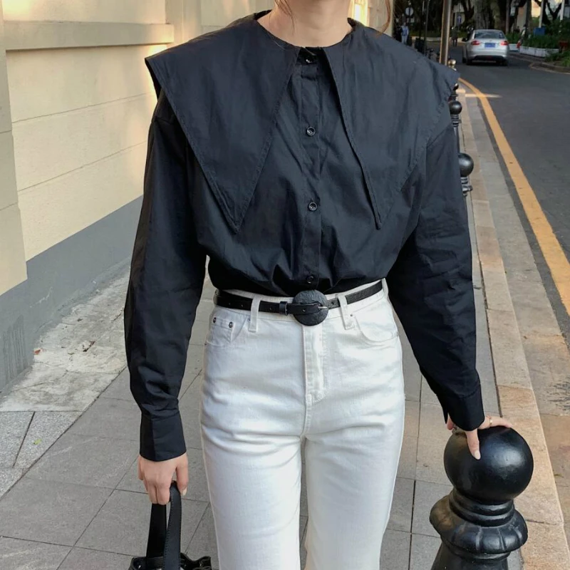 

Kimotimo Women Shirts Blouses Long Sleeve Peter Pan Collar White Elegant Button Up Loose Blusas and Tops Office Lady Casual