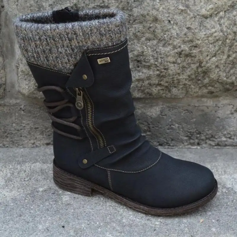 New Retro Woman Shoes Pu Leather Winter Boots Women Fashion Vintage Rivets Round Toe Lace-Up Mid-calf Zipper Boots 43