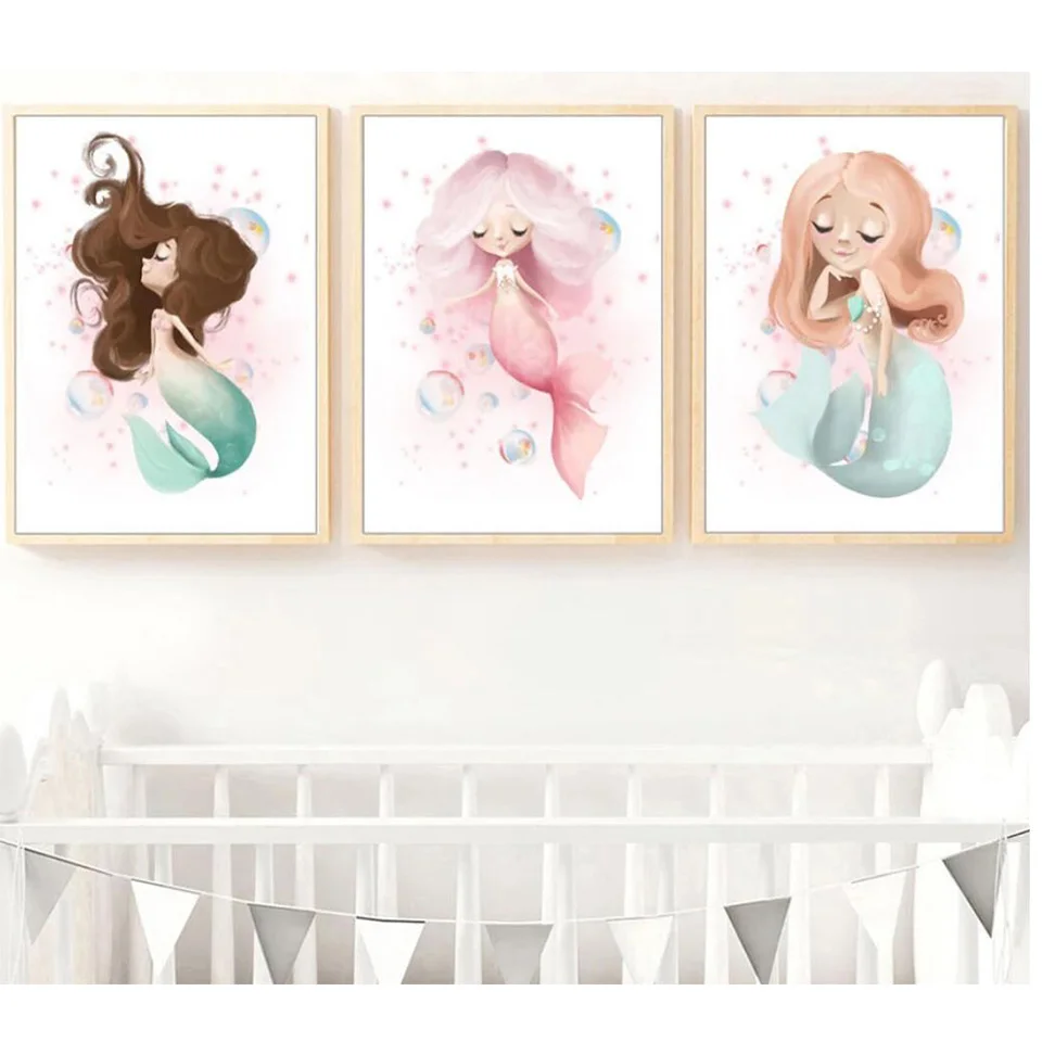 

Cartoon Mermaid Girl DIY 5D Diamond Painting Full Square Round Diamond Embroidery Mosaic Triptych Painting Nursery Wall Art
