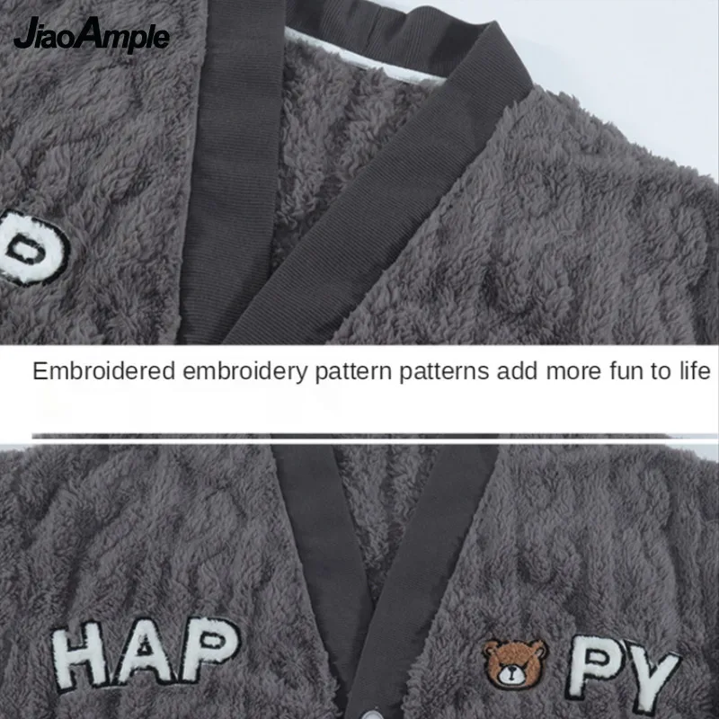 Men's Pajamas 2021 Winter New Warm Thick Flannel Pijamas Korean Loose V-neck Sleepwear Set Girl Cute Cartoon Nightwear Homewear