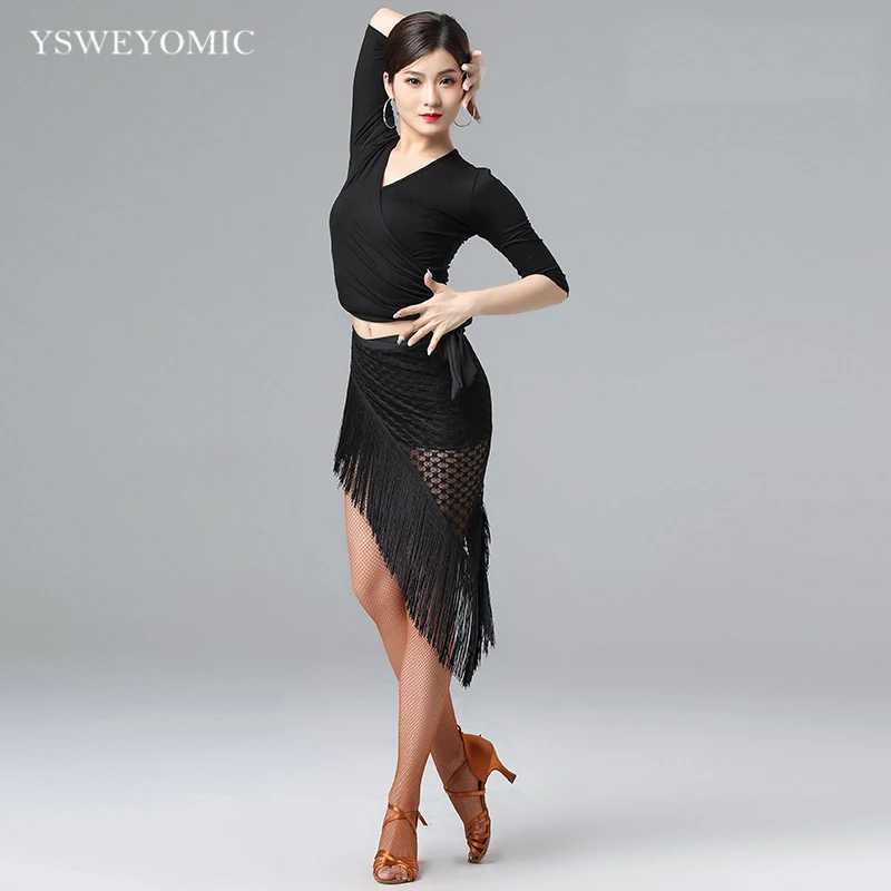 

2021 Red Black Fringed Triangle Latin Dress Sexy One Skirt Adult Latin Dance Dress Costume Women Salsa Latin Practice Skirt
