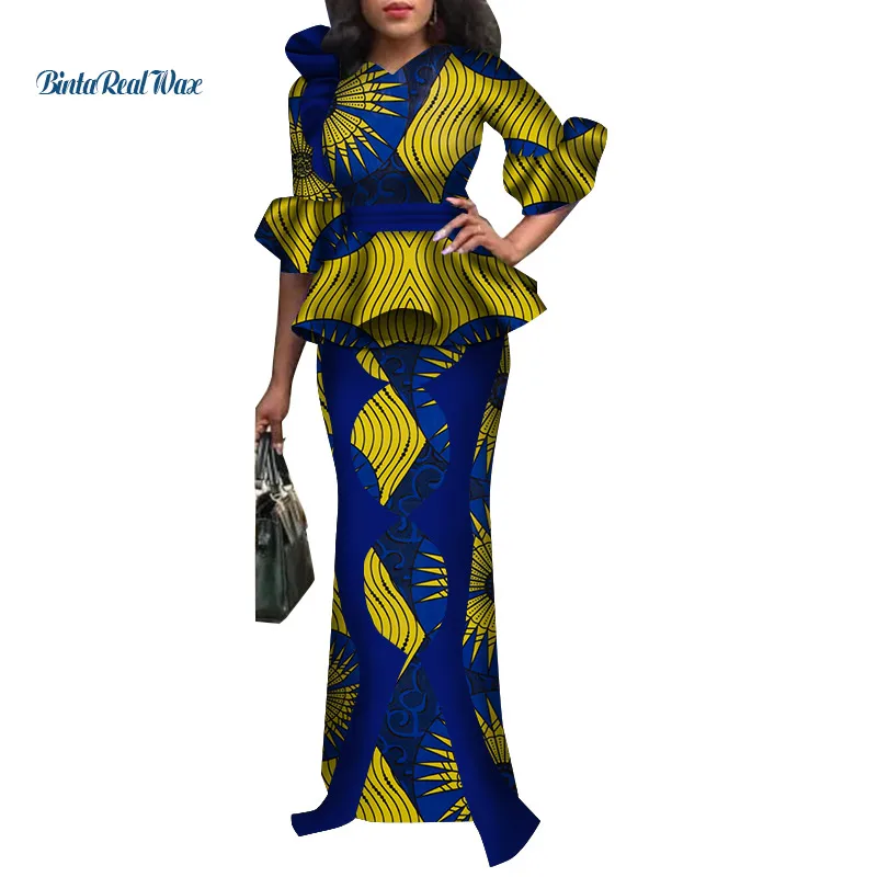

Традиционная африканская женская одежда 2 шт. Юбки наборы Африканский галстук-бабочка топ и Юбки наборы для женщин Базен Riche WY4160