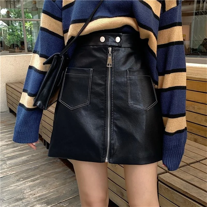 

2021 Women's Summer Skirts Lovely Kawaii Sweet Girl High Waist Zip Pu Skirt Female Korean Ins Chic Buttom For Women Casual