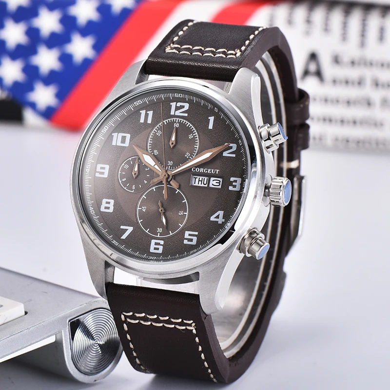 CORGEUT Men Business Watches Dual Calendar Luminous Waterproof Top Quartz  Luxury Brand  Wristwatch Male Clock Relogio Masculino