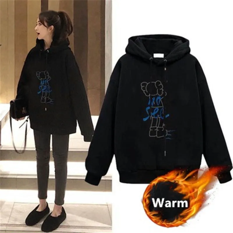 

Hoodies Women Autumn Winter Plush Thick Cartoon Print Cute Fashion Hooded Loose Black Pullover Outerwear