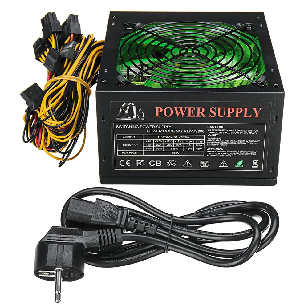 Блок питания 120 мм 800 Вт со светодиодным вентилятором для компьютера 110 ~ 220 В