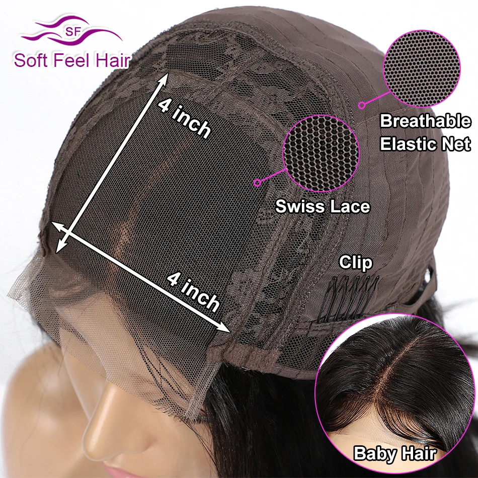 Soft Feel Hair 4*4 парики из натуральных волос, предварительно сорванные бразильские парики для черных женщин 1B Remy парик Средний часть