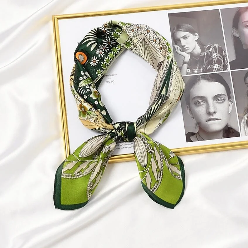 

New 53*53cm Female Multifunction Floral Green Silk Handkerchief Printed Small Square Casual Involves Hijab Bandanas For Ladies