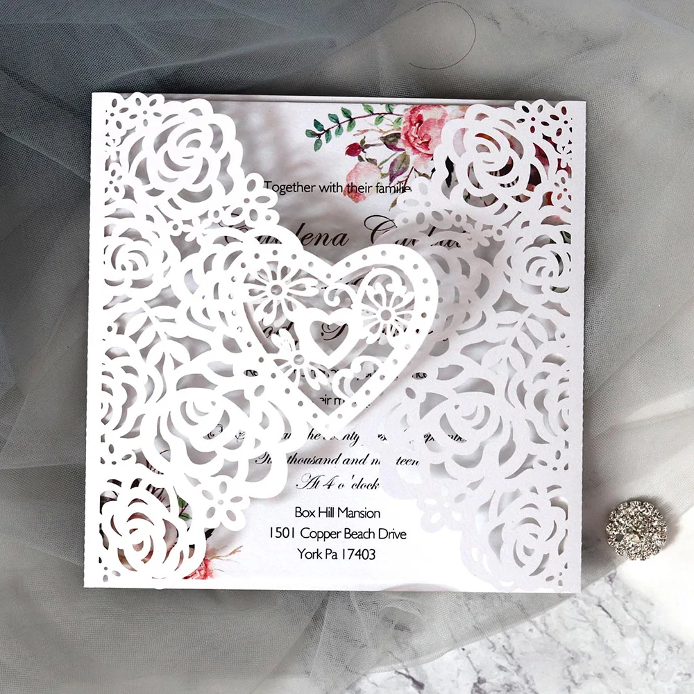 (50 шт./лот) темно-красные розы лазерная резка свадебные приглашения DIY Милая