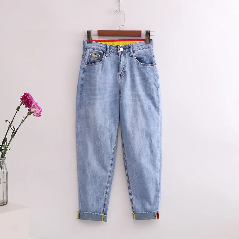 Женские джинсы с высокой талией Leijijeans Синие Джинсы бойфренда эффектом усов