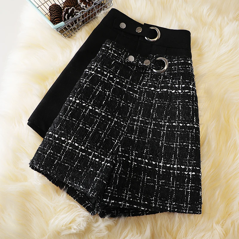 Шерстяные шорты в клетку для осени/зимы новый стиль большие размеры двубортные с