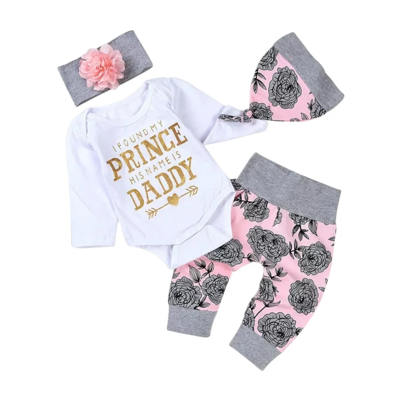 

Baby Girl Boy Clothing Suit Newborn Kids Outfits Clothes Rompers Bodysuit+Flower Printed Pants+Headband+Hat 4PCS Set
