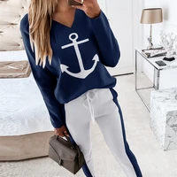 2021 women fashion elegant casual boat anchor print long sleeve top drawstring waist pants set spring autumn