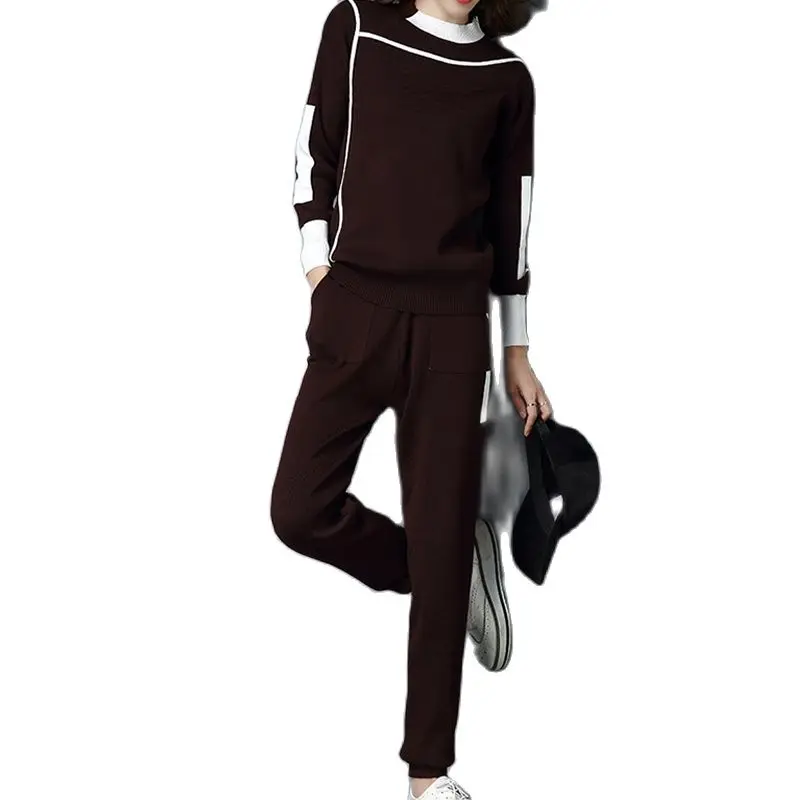 

Темпераментный вязаный костюм 2021 осень и зима новый пуловер с круглым вырезом + брюки 2 предмета модная женская одежда