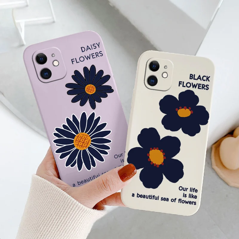 

Black Flowers Liquid Silicone Case For iPhone 12 Mini 11 Pro Max X XR XS MAX SE2020 8 7 6 6S Plus Ultra Thin Phone Back Cover