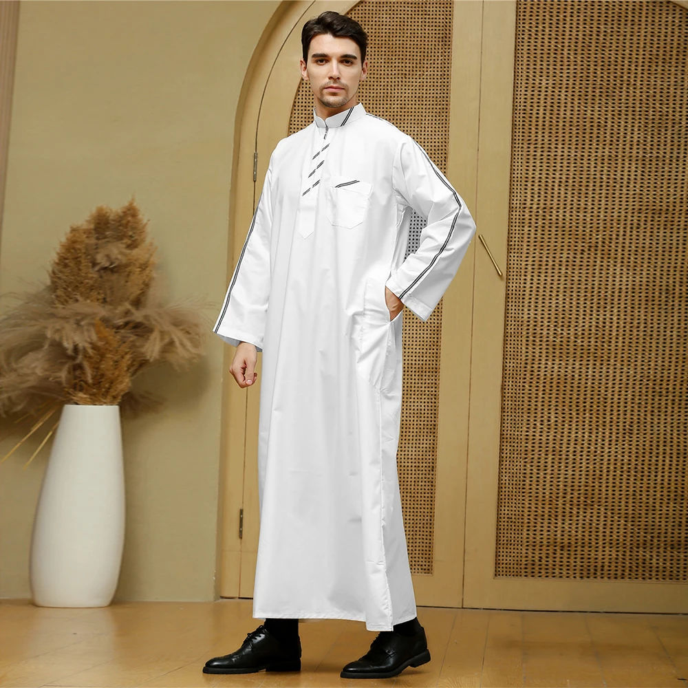 

Muslim Man 2021 Embroidered Men's White Robe Qamis Man Islamic Clothing Men Kaftan Moroccan Men Jalabiya Dubai Dress Plus Size