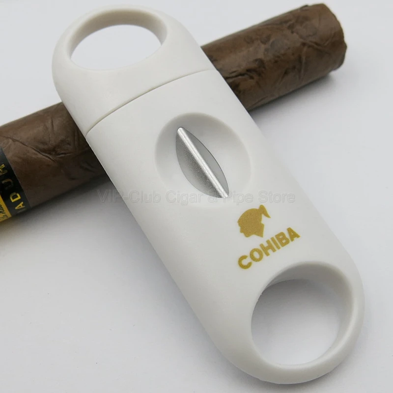 White COHIBA пластик и нержавеющая сталь V Cut лезвие, нож для сигар Sigaar Zigarren инструмент для курения ручка гильотина для сигар - Цвет: White