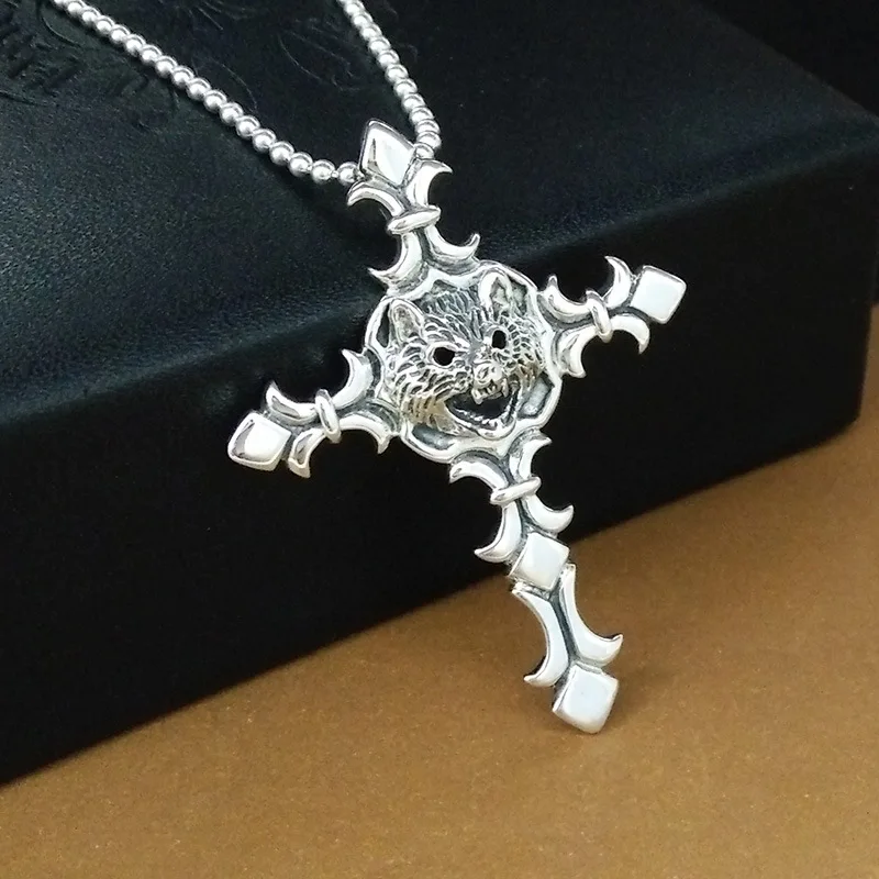 

S925 Sterling Silver Thai Silver Personality Fashion Wolf Head Cross Pendant Men's Jewelry Gift