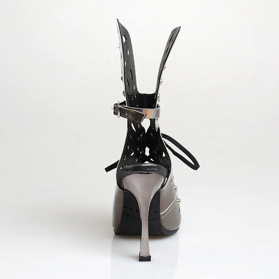 

Prova Perfetto Novelty Design Magic Patent Leather Sandals Women High Shoes Rivet Lace Up Hollow Out Sexy Lady Party Runway Shoe