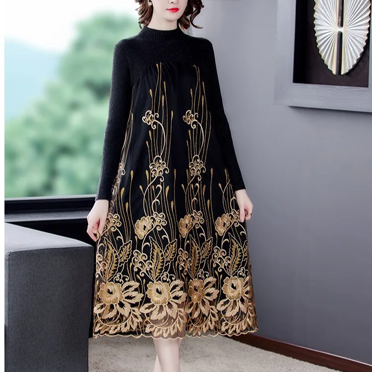 

Large-size women's sweater wears long-sleeved dress tide autumn knitting age-reducing embroidered skirt autumn and winter