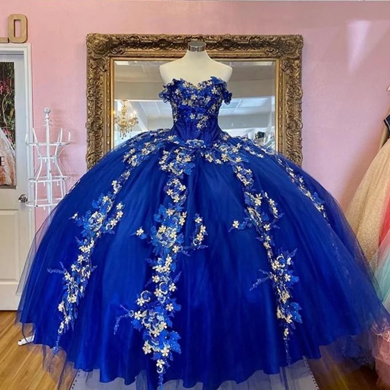 Abito da ballo blu Royal abiti Quinceanera fiori 3D ragazza dolce 16 abiti da festa allacciati con spalle scoperte abiti da quinceacrera