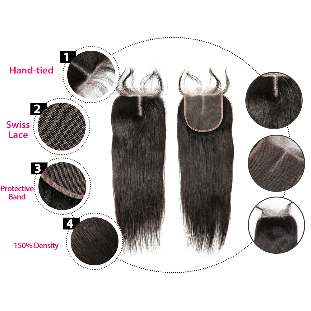 

Luvin Brazilian Human Hair Weave Bundles With Closure Straight Human Hair Bundles with frontal 4X4 Lace Closure
