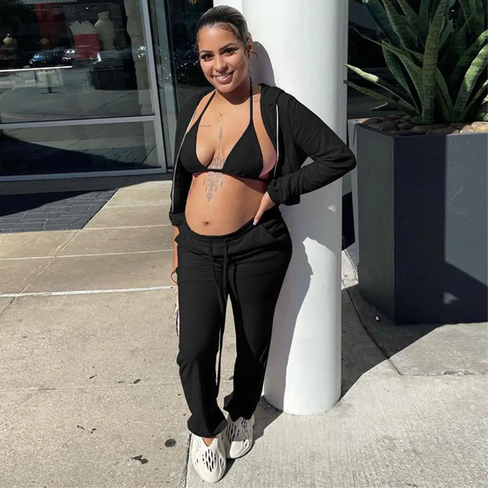 

Женский однотонный домашний костюм из 3 предметов, юбка-Холтер на шее, короткий кардиган на молнии и прямые брюки с карманами на завязках