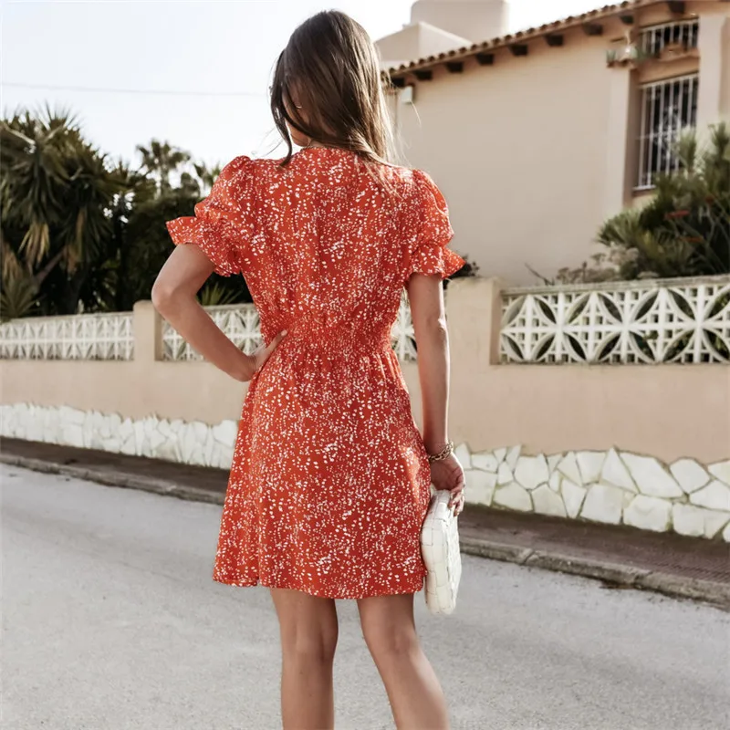 

Women V-Neck Printing A-line Mini Dresses 2021 Summer Sexy Puff Sleeve Boho Beach Dress For Woman Sundress Robe