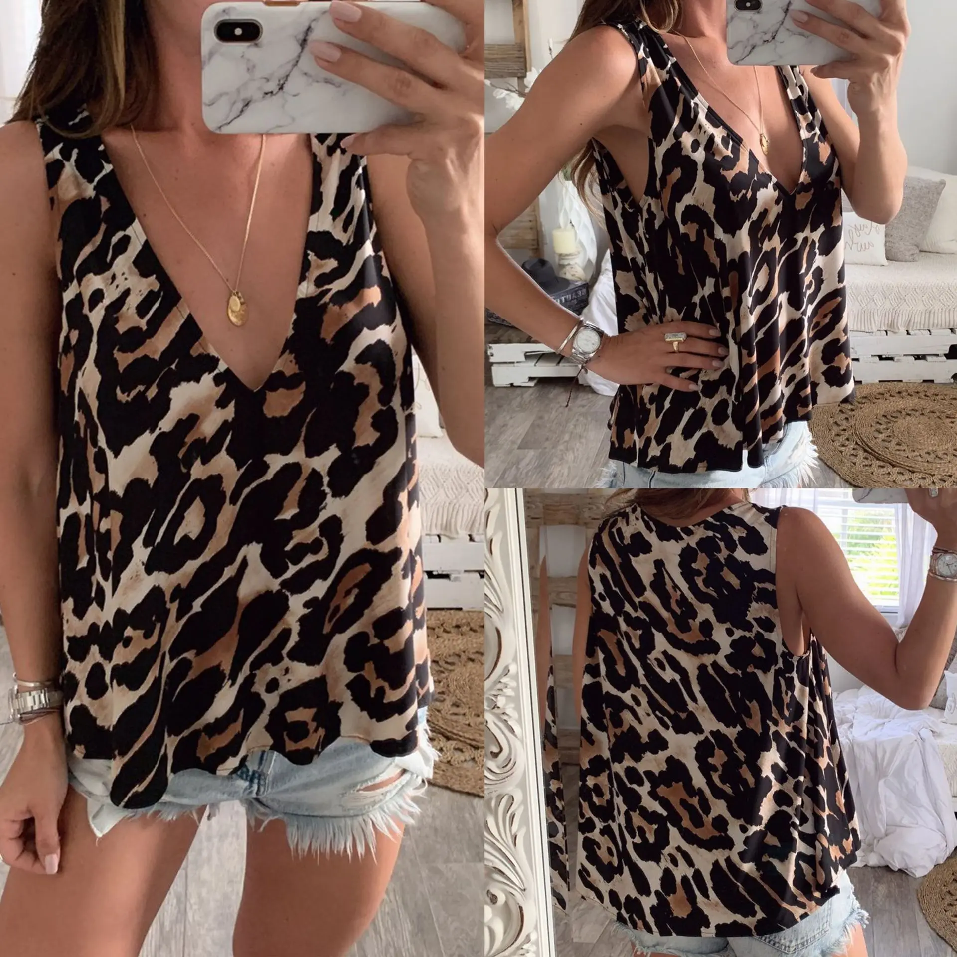 2019 Сексуальная женская блузка без рукавов с леопардовым принтом женские рубашки