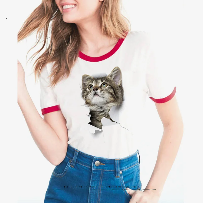 Женская футболка с коротким рукавом и 3D-принтом кошки круглым вырезом | одежда