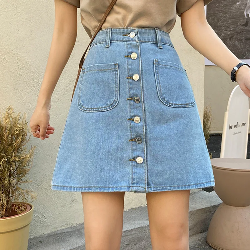 

Trendy New Summer Women Single Breasted A-line Retro Blue Denim Short Skirt Casual Female Pocket Ladies Jeans Skirts