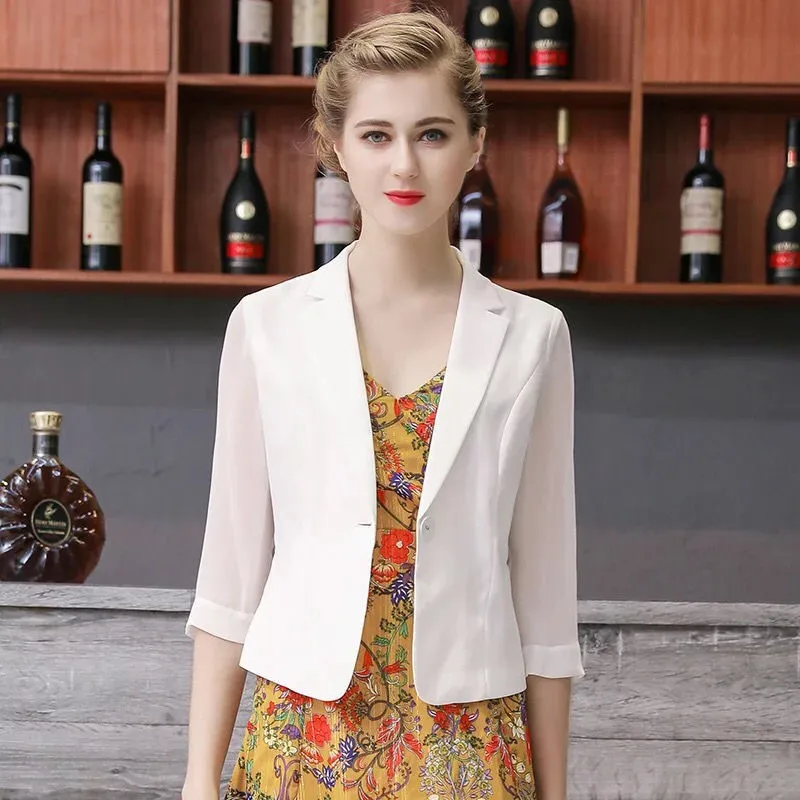 

EHQAXIN 2021 Summer Ladies Mini Small Suit Jacket Fashion Loose Thin Chiffon Short Sunscreen Suit One Button Chic Style M-4XL