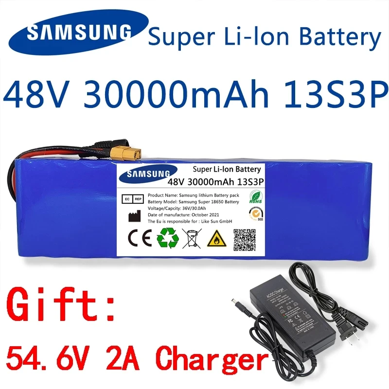 

New 48V 30000Mah 500W 13S3P XT60 18650 Lithium Ion Battery 30Ah for 54.6V E-bike Electric Bicycle Scooter with BMS + Charger
