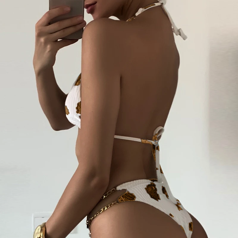 

Sexy Push Up Iron Chain Halter Bikini Set Women's Swimwear 2021 Cow Skin Printed Swimsuit Female Beachwear Bathing Suit Biquini