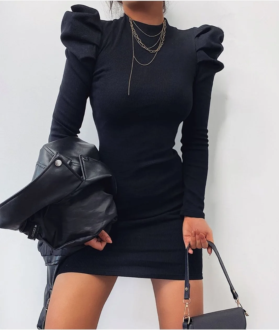 

ZOGAA Puff Sleeve Party Dress Women Winter Long Sleeve O Neck Mini Rib Knitted Slim Wrap Sexy Bodycon Women Dress 2021