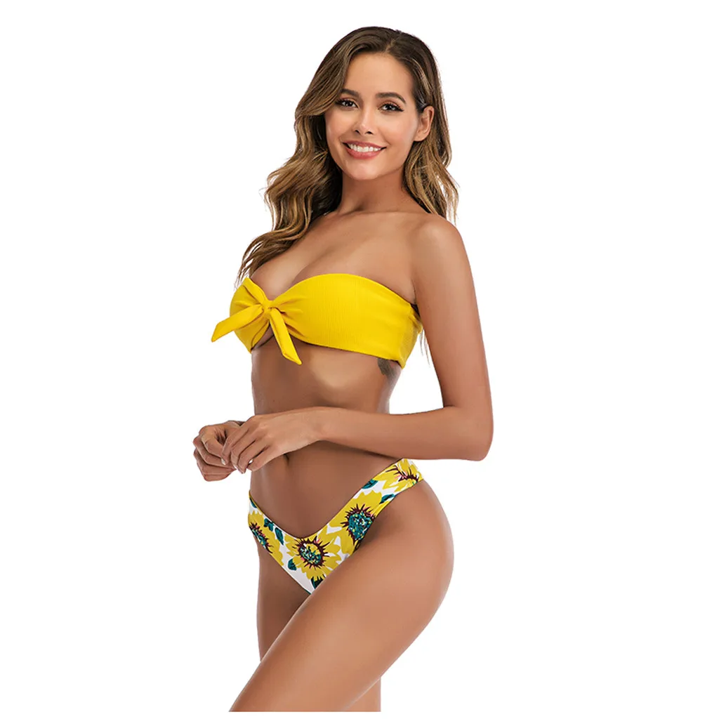 

Women bathing suit Sexy bikini 2020 Sunflower Print Swimwear High Waist Bikini Set Swimsuit female off shoulder
