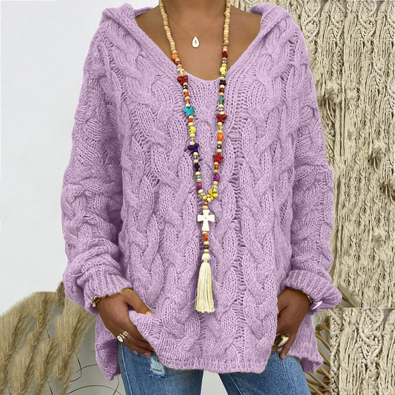 

Women Fashion Loose Large Size Solid Color Hood Long Sleeves Sweater Tops Women Sweaters Elastic Long Sleeve Knitted Jersey