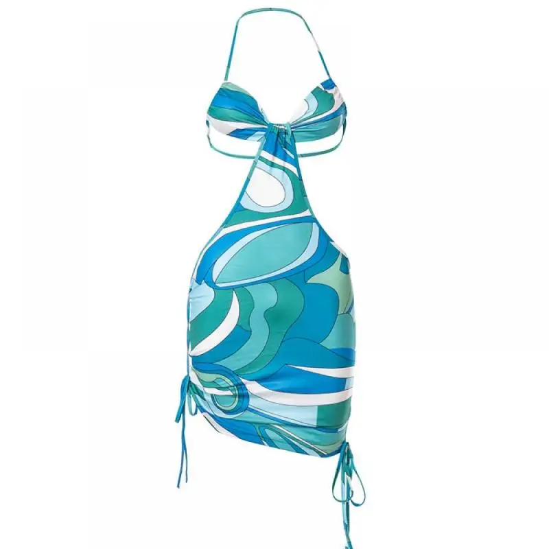 

Платье женское вечернее с лямкой на шее, пляжная мини-юбка с принтом, праздничная уличная одежда на бретелях с веревкой, лето 2021