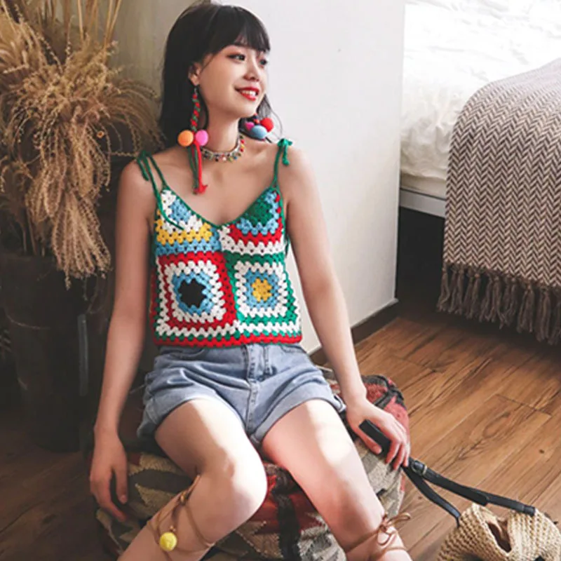 Пляжный богемный вырезанный топ в японском стиле для девушек вязаный крючком с