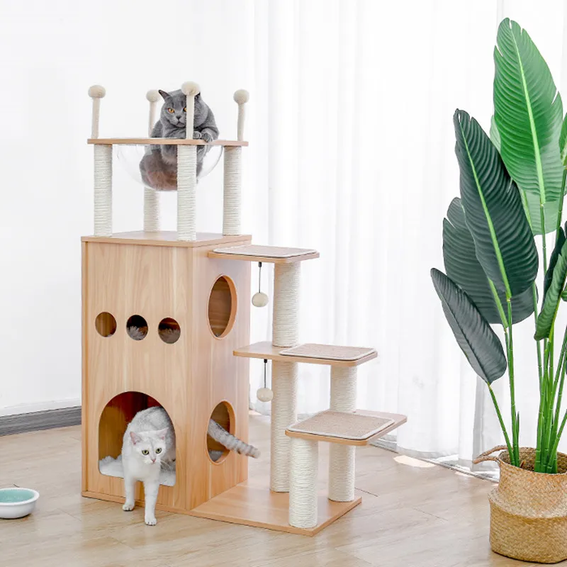 Современная кошачья башня Cat Tree с полностью сизальным покрытием когтеточками