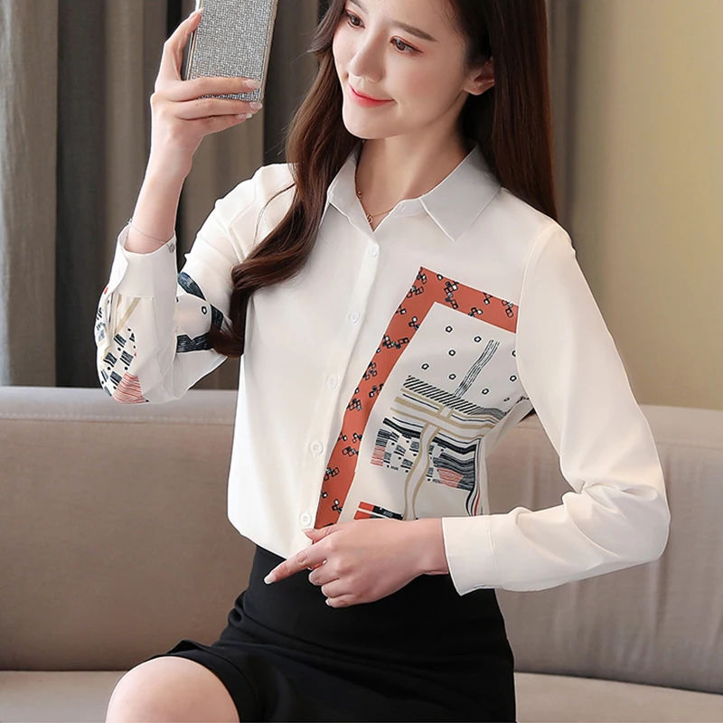 2021 New Korean Spring Chiffon Print Women Blouse Long Sleeve Ladies White Shirt Tops Female Button Blusas High Quality Clothing | Женская