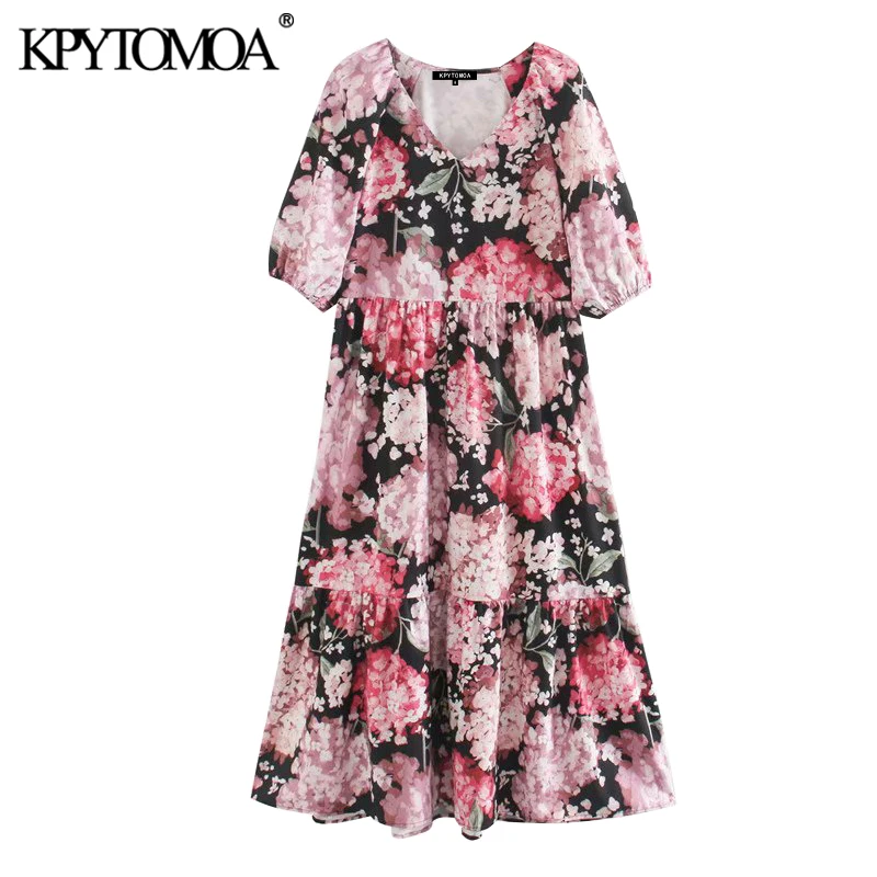 Фото Женское плиссированное платье миди KPYTOMOA винтажное с цветочным принтом v образным